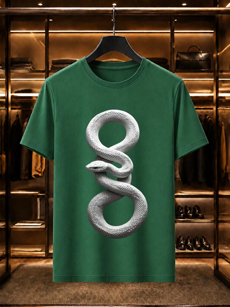 2026 New Arrival 100 Cotton Tshirt 3d Stereo Coiled White Snake Print Dark Style Crew Neck Casual Short Sleeve