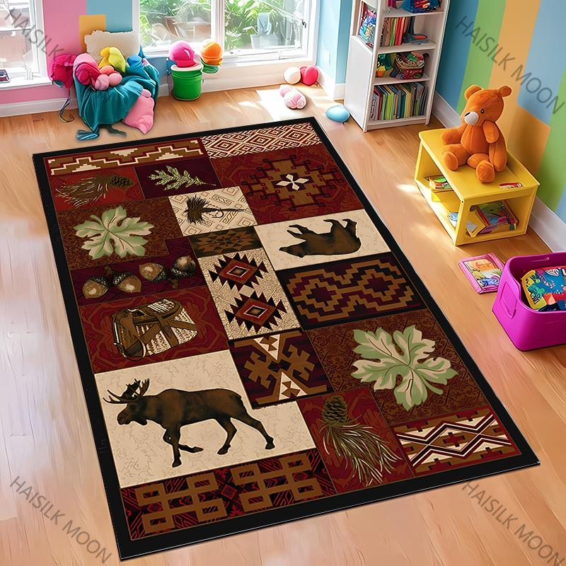 Dywan w stylu retro skandynawskim z motywem nadruku niedźwiedzia łosia, miękki dywan odpowiedni do jadalni, salonu, pokoju zabaw dla dzieci, mata podłogowa