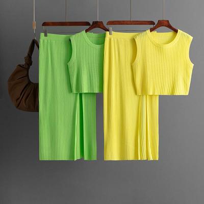 Conjunto da Moda Colete Sem Mangas de Cor Sólida Verão Saia Tricotada com Fenda Conjunto de Duas Peças