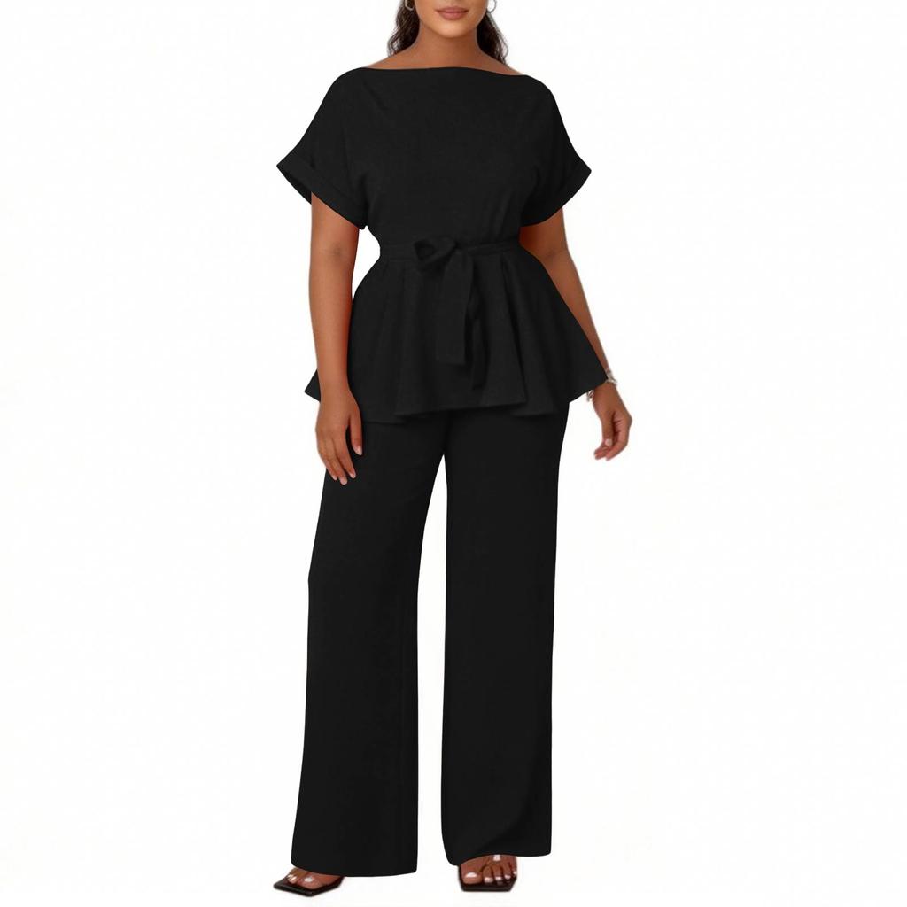Women's 2-Piece Casual Short-Sleeve Top And Wide-Leg Pants Set
