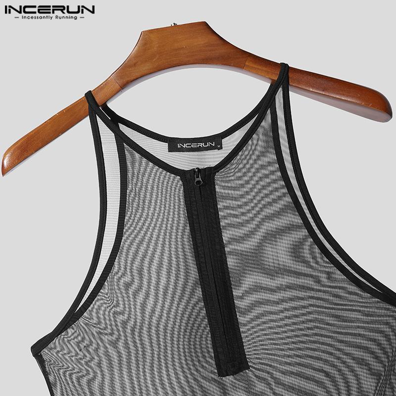 INCERUN Men Sleeveless See Through Mesh Sheer Jumpsuits Underwear Playsuits