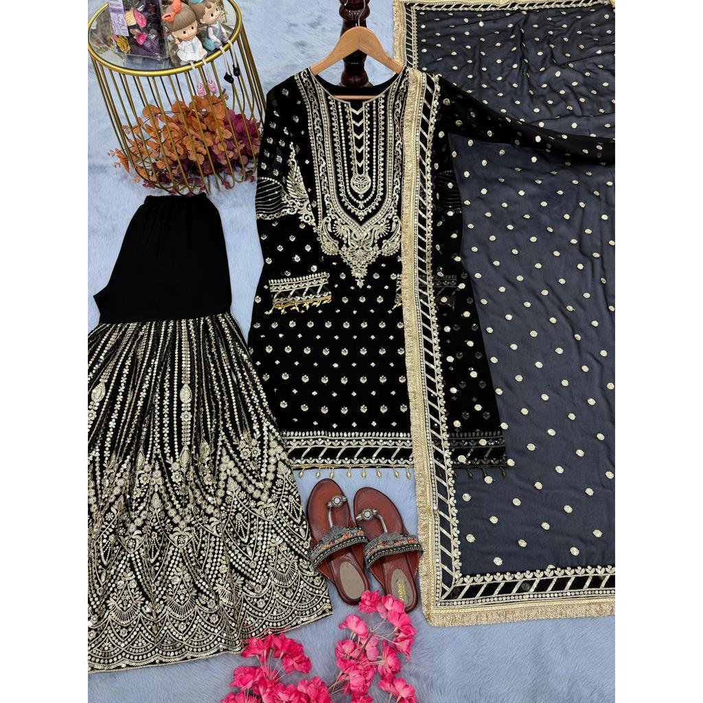 Launching New  Đěsigner Party Wear Look Heavy Faux Georgette Top Plazzo & Dupatta Set