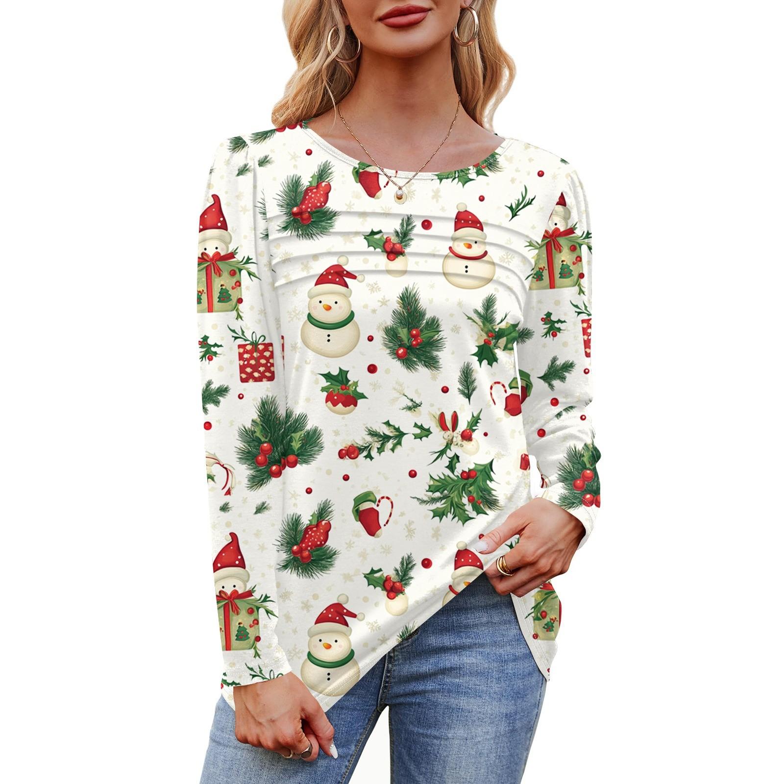 

Женская футболка с круглым вырезом и длинными рукавами с принтом рождественской елки и снежинки XXL белый