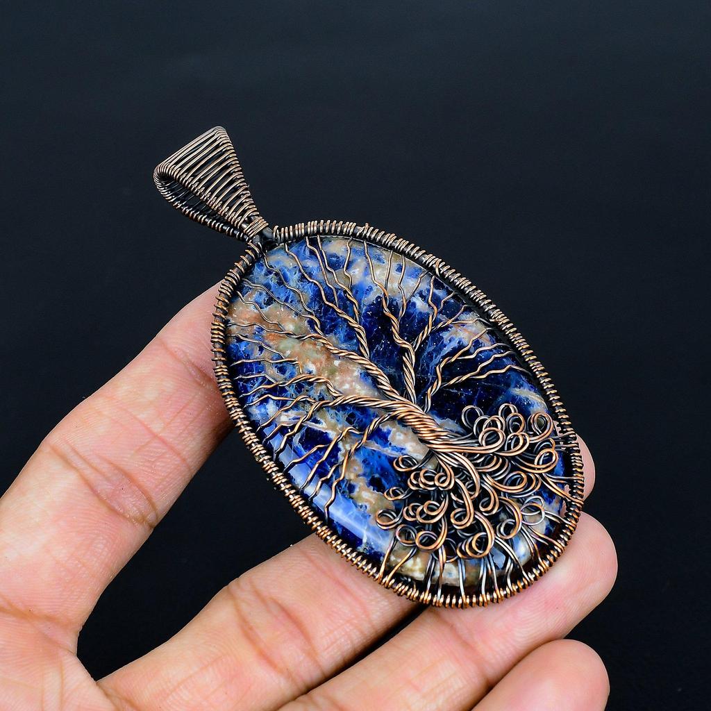 Lebensbaum Sodalith Anhänger, Handgefertigter Edelstein 999 Kupferdraht Wickelanhänger Antikschmuck, Zum Geschenk Kupferschmuck