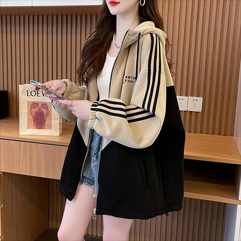 Women Color Block Mid Length Loose Hooded Open Cardigan Thin Casual Sweatshirt Coat