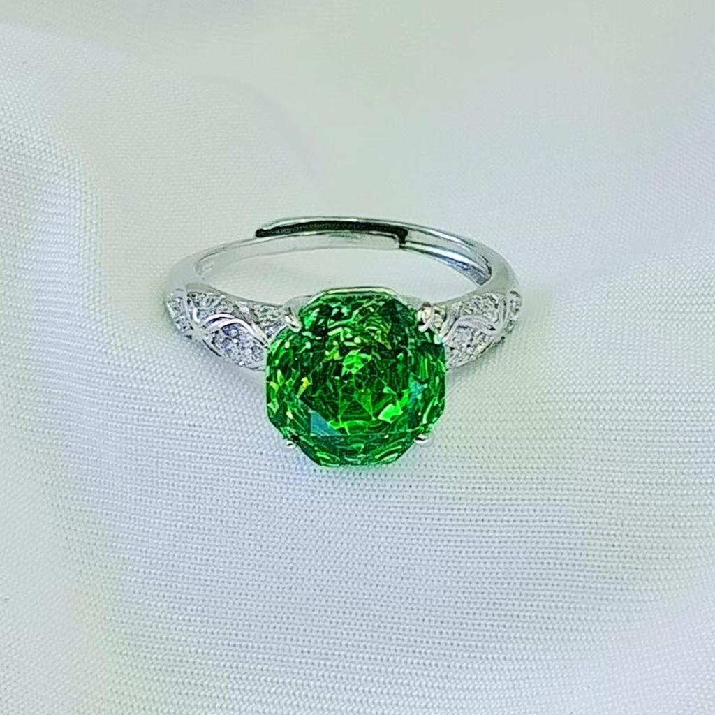 European Style Octagonal Rose Cut High Carbon Diamond & Emerald Women's Ring