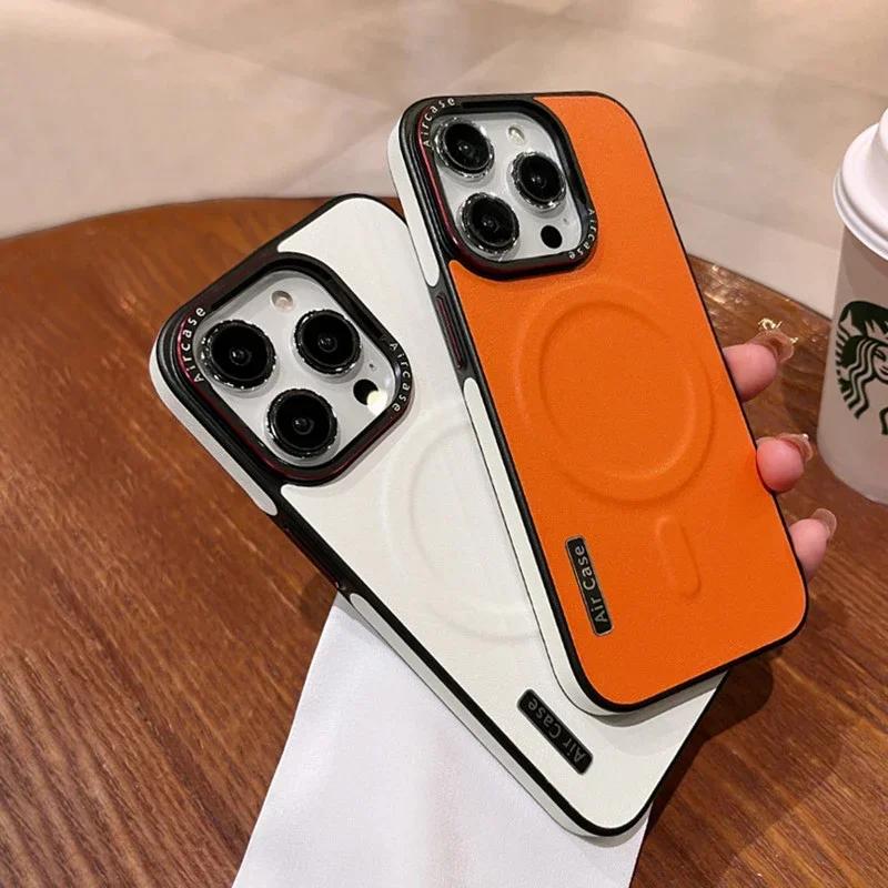 Biznesowe dwukolorowe skórzane etui Magsafe do iPhone 16 12 13 14 15Pro Max Magnetyczne Matowe Miękkie Odporne na wstrząsy Etui do iPhone16Pro