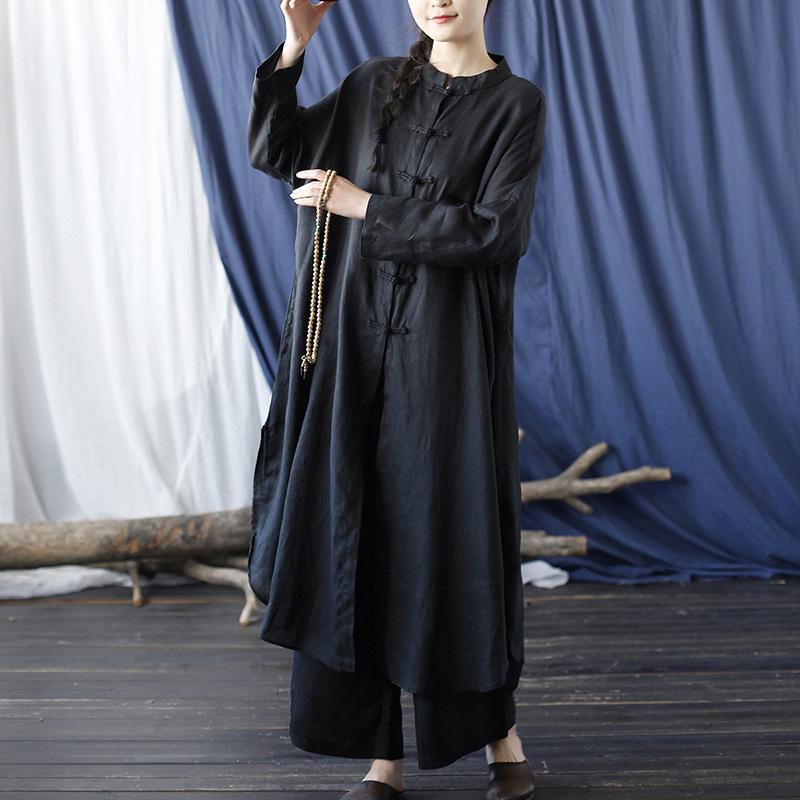 Xi Mo Women's Retro Linen Stand-Collar Cardigan Dress