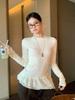 Song Zheng'en Women's Apricot Lace Trim Slim Fit Long Sleeve Ruffle T-shirt, Winter 2025