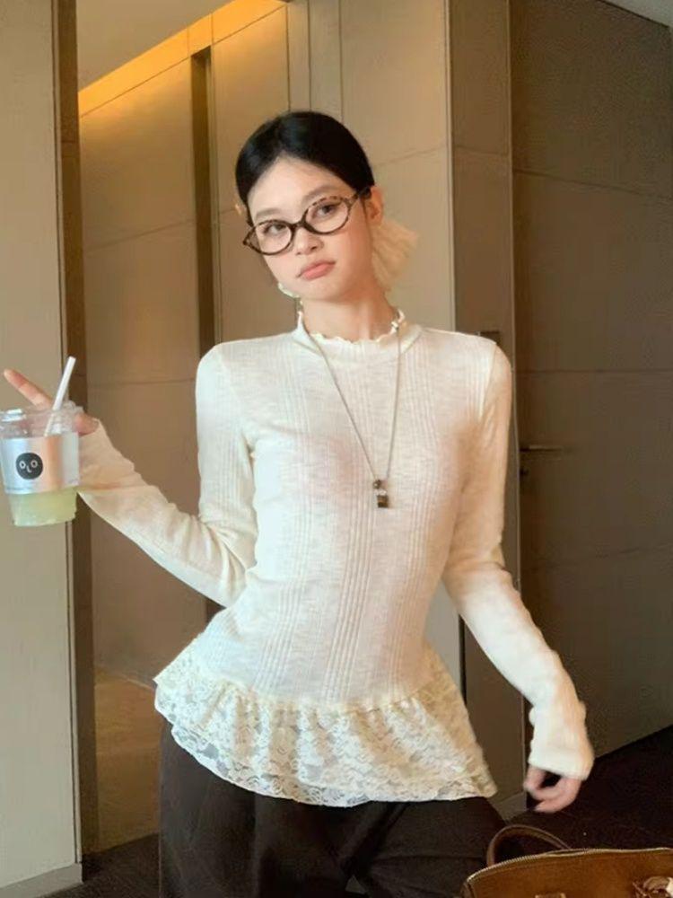 Song Zheng'en Women's Apricot Lace Trim Slim Fit Long Sleeve Ruffle T-shirt, Winter 2025