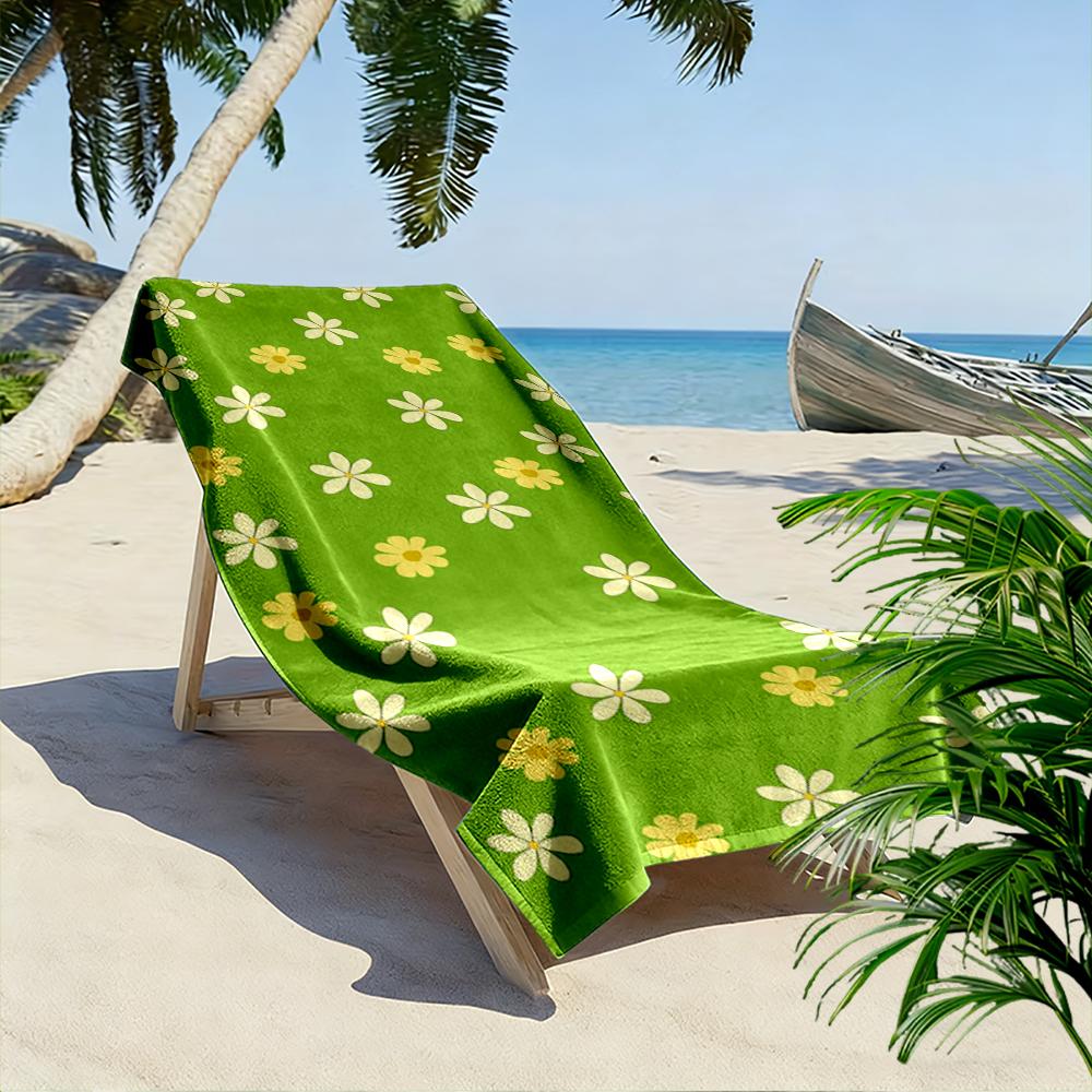 Green Towel with Yellow and White Flowers Beach towel quick-drying for travel outdoor sports jogging beach and swimming