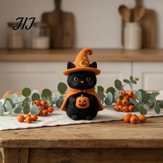 Rustic Autumn Tiered Tray Decor Halloween Wooden Witch Statue, Retro Felt Style Black Cat Ghost Decorative Figures Bat for Shelf Desk, Spooky Festive