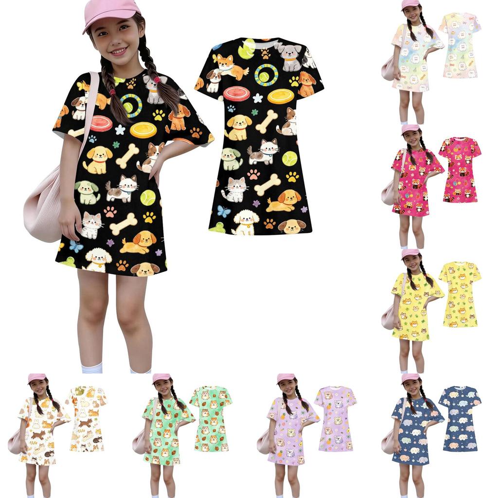 Girls Loose Fit Short Sleeve Dress Animal Print Lightweight Casual Round Neck Summer Dress for Kids