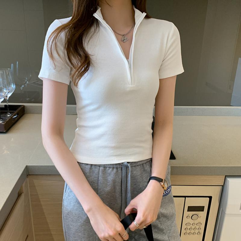 Summer New Slim Fit Cotton Short Sleeve Casual T-shirt Women Fashion Zipper Stand Temperament Simple Woman Tshirts Elegant Office Lady Tees Tops 26570