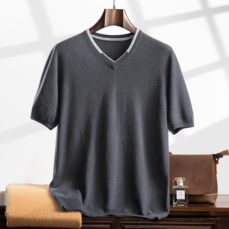 Men's V-neck Cashmere Sweater: Autumn/Winter Short Sleeve, Loose-Fit Knitwear, Color Block Half Sleeve, Casual and Trendy.