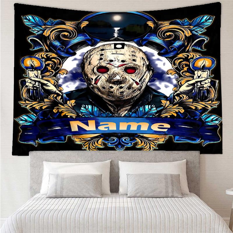 Custom Name Friday the 13th Print Tapestry, Backdrop, Easy Setup, Ideal for Bedroom, Office & Living Room, with Aesthetic Wall Hanging Decor.