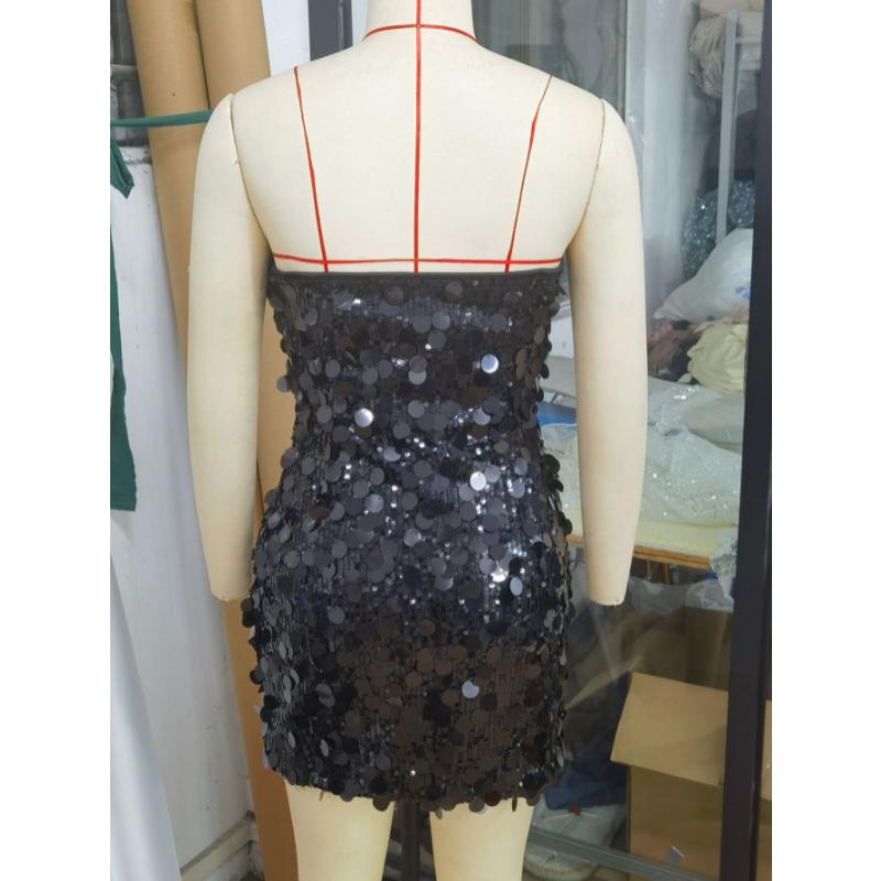 Gold Sequin Strapless Mini Dress Large Paillette Backless Bodycon Short Gown Sexy Metallic Tube Top Sleeveless Nightclub Party Cocktail Evening Dress