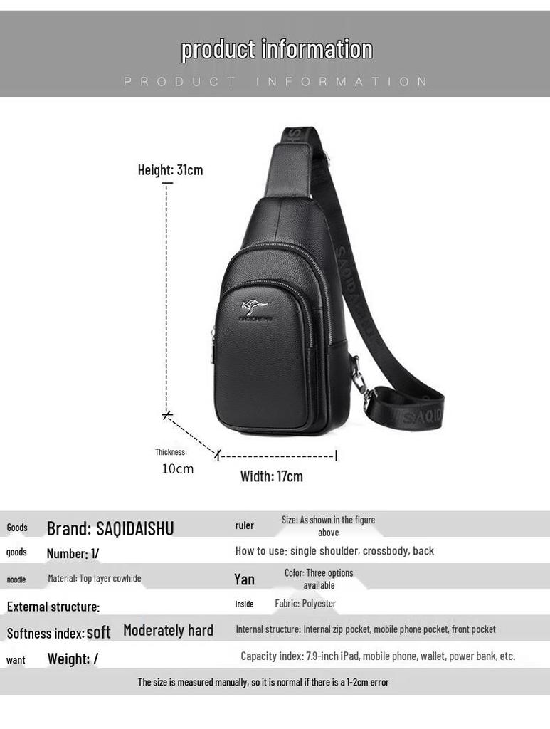 Satchi Męska Torba Crossbody ze Skóry Kangurzej na Klatkę Piersiową - Modny Casualowy Plecak ze Skóry Bydlęcej