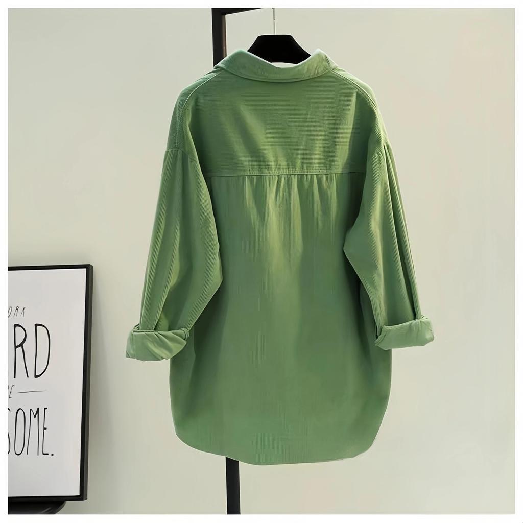 Women's Spring Solid Color Shirt Corduroy Shirt Double Pocket Thick Shirt Cardigan Button Polo Collar Long Sleeve Tops