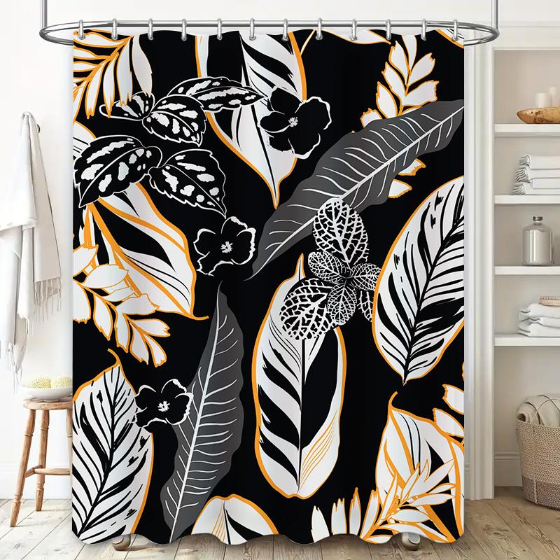 Black White Orange Floral Print Shower Curtain for Bathroom Decor Polyester Fabric Custom Size Available