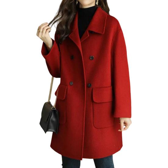 Women Overcoat Solid Color Lapel Collar Mid-Length with Buttons Loose-fitting Keep Warm Polyester Winter Warm Women Double-Breasted Overcoat for Lady