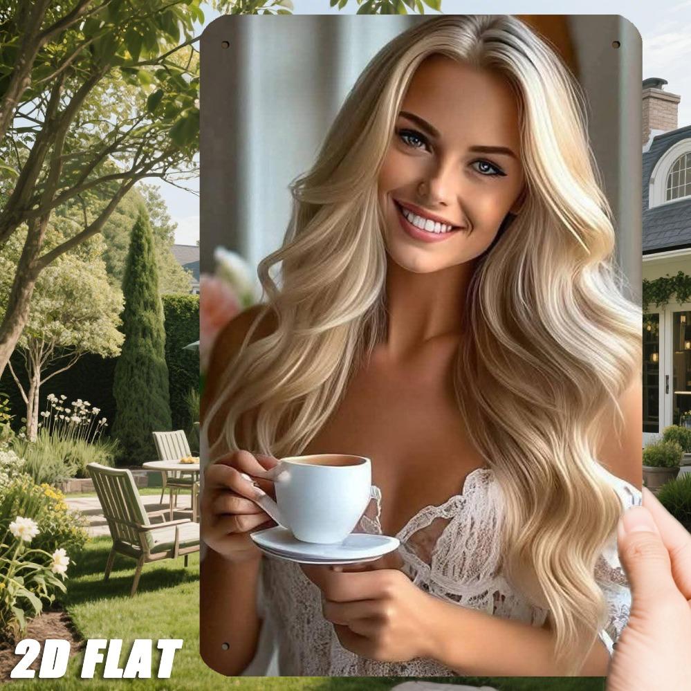 JIT Retro Metal Iron Sign - 8in×12in Blonde Woman With White Cup 2D Flat Decor Easy Install Indoor Outdoor Use