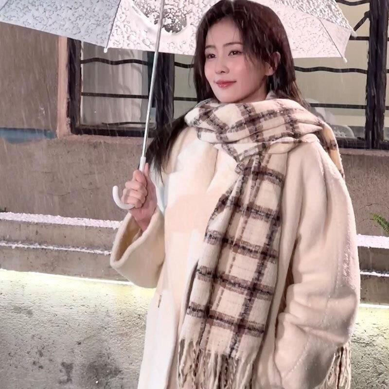 Korean Style Plaid Mohair Scarf - Women's Winter Imitation Cashmere Shawl