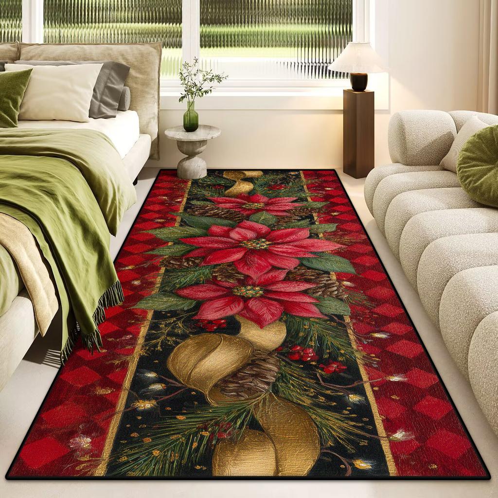 Merry Christmas Poinsettia Plaid Kitchen Rug Lliving Room Entrance Non-slip Door Mat Balcony Bath Floor Mat Christmas Decoration