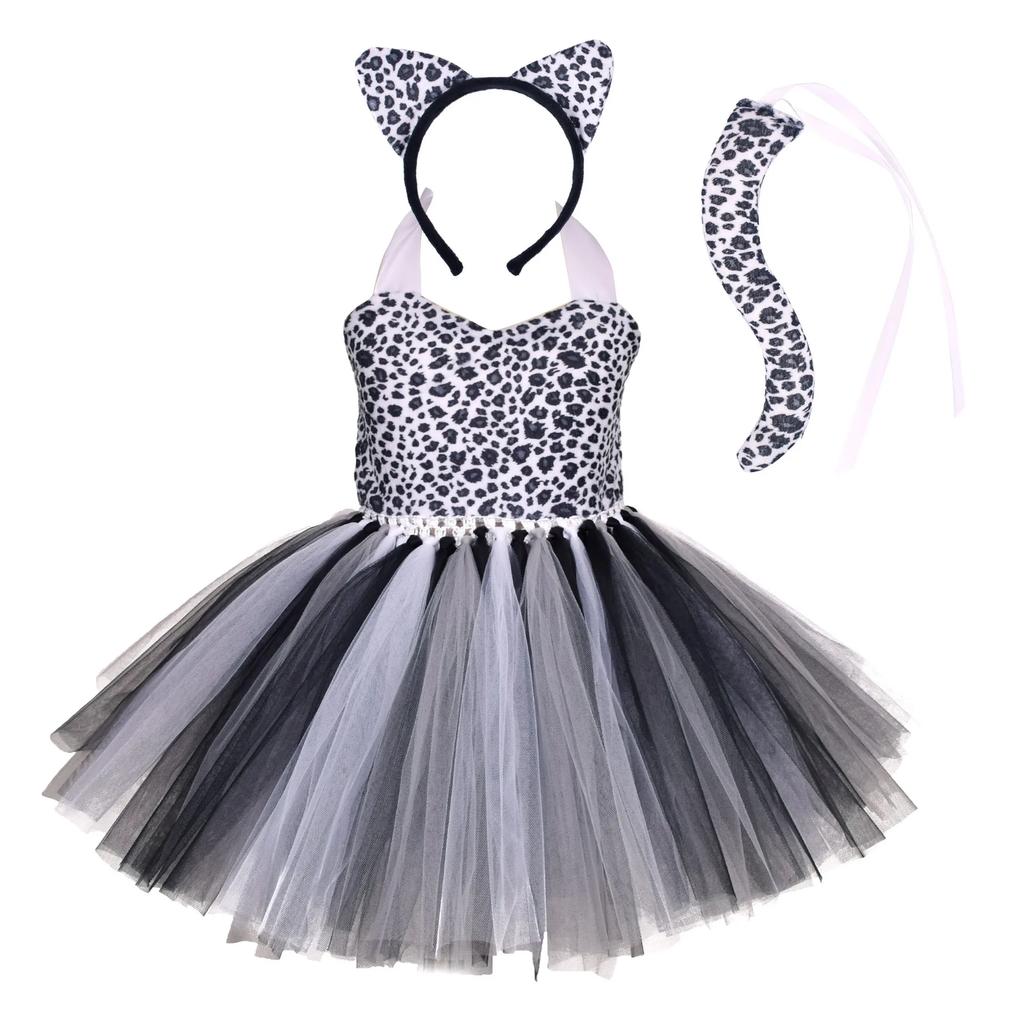 Baby Girls Halloween Animal Cosplay Costume Kids Forest Theme Giraffe Cows Tiger Leopard Zebra Print Tutu Dress Birthday Party