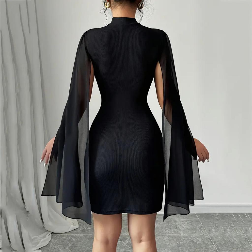 Women's Fashionable Casual Color Round Neck Ribbed Chiffon Cape Bodycon Dress