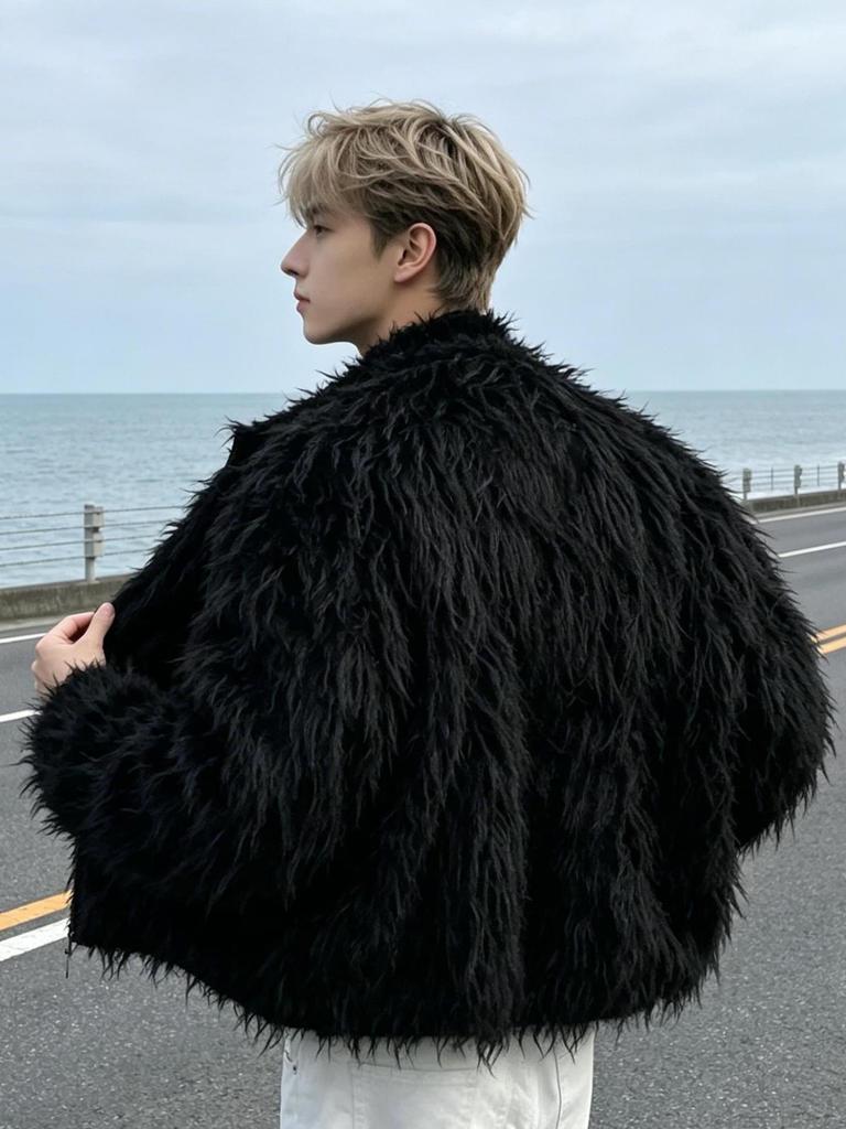 Cappotto in Finta Pelliccia di Vison da Uomo: Stile High Street Americano con Motivo a Onde Antiche, Capelli Lunghi e Fodera Calda in Cotone per Autunno e Inverno