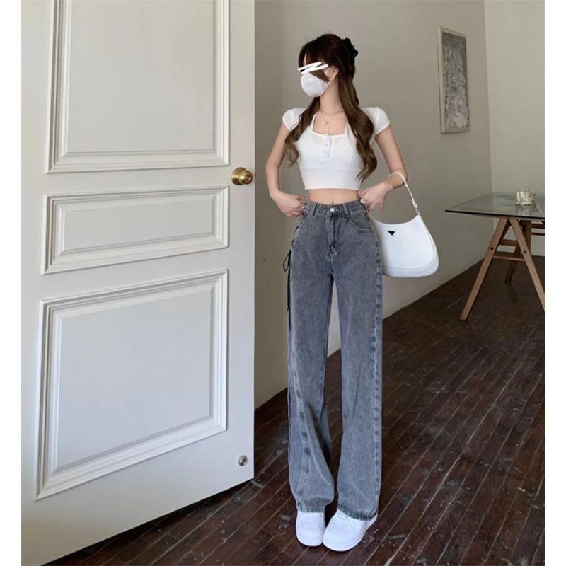 Y2K Street Women Jeans Pants American High Waist Lace Up Chic Female Casual Pants Korean Vintage Ladies Wide Leg Trousers