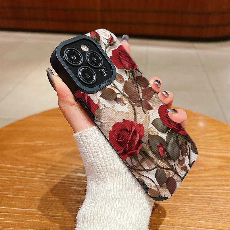 Funda Trasera de Cuero con Grano Vertical y Estampado Floral de Silicona Suave con Protección Completa para la Lente de la Cámara para Samsung