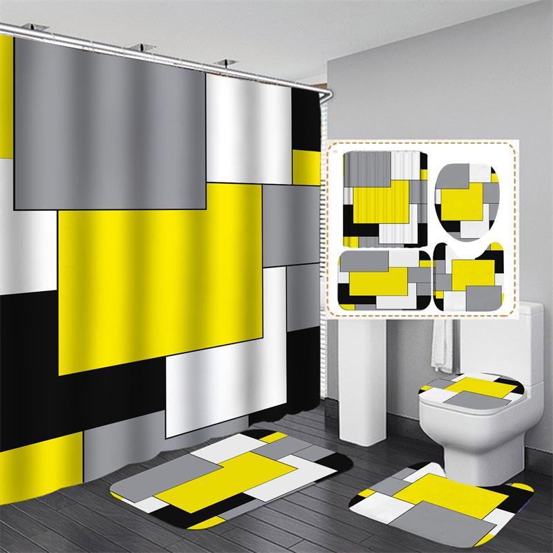 

3D занавеска для душа с принтом высокой четкости, водонепроницаемая ткань для занавесок для ванной комнаты, американский узор в клетку, перегородка для ванной комнаты, ковер, напольный коврик, 4 шт.