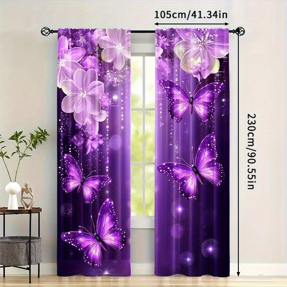 2PC Purple Butterfly & Floral Sheer Curtains - Sparkly Fantasy Print Window Drapes for Girls Bedroom Living Room Decor