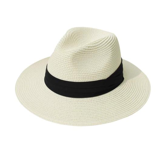 Panama Hat Women Men Wide Brim Straw Beach Hat Ribbon Decor Breathable Elastic Fit Summer Sun Hat Vacation Accessory