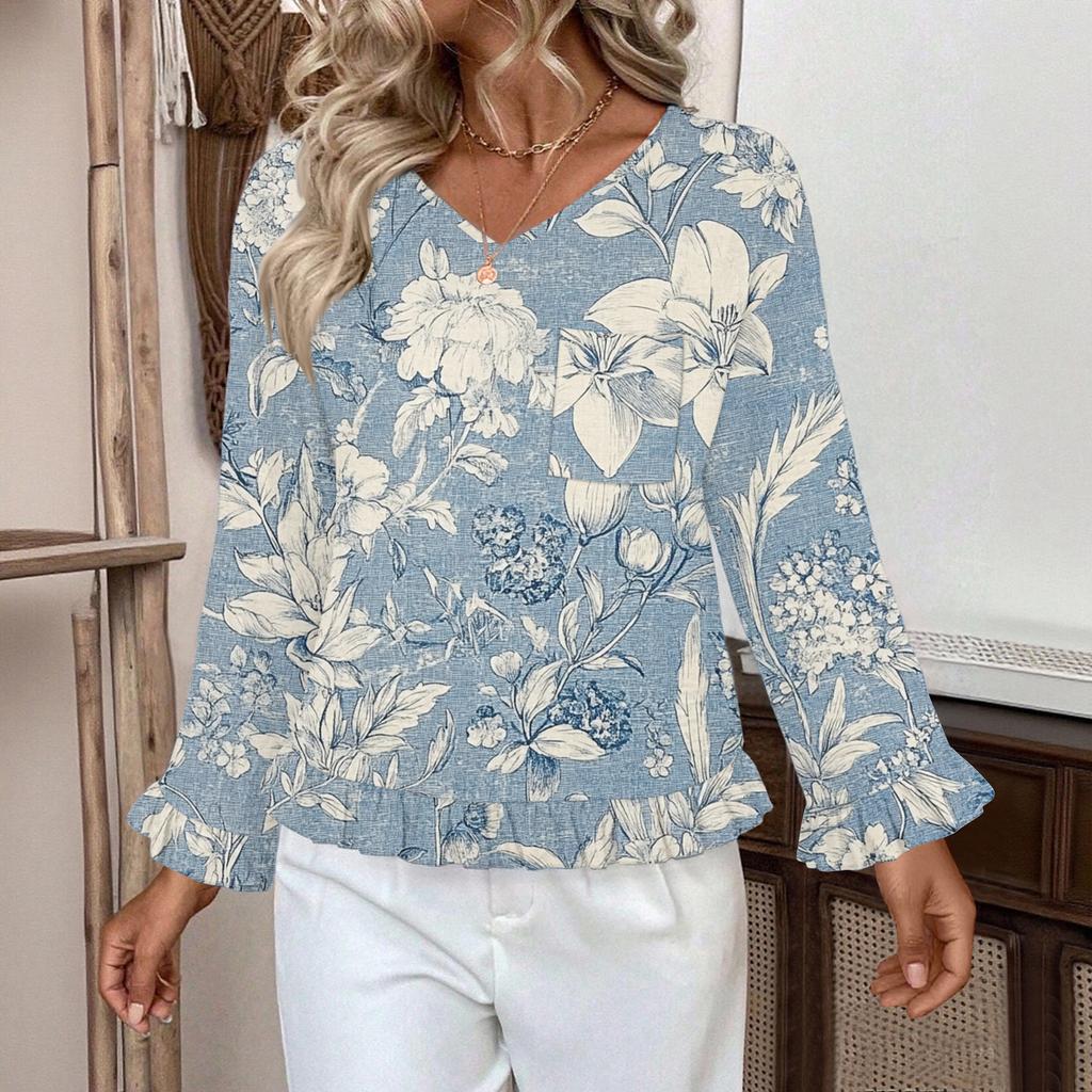 Women's Casual Fashion Ruffled V-Neck Pocket Floral Print Long Sleeve Top