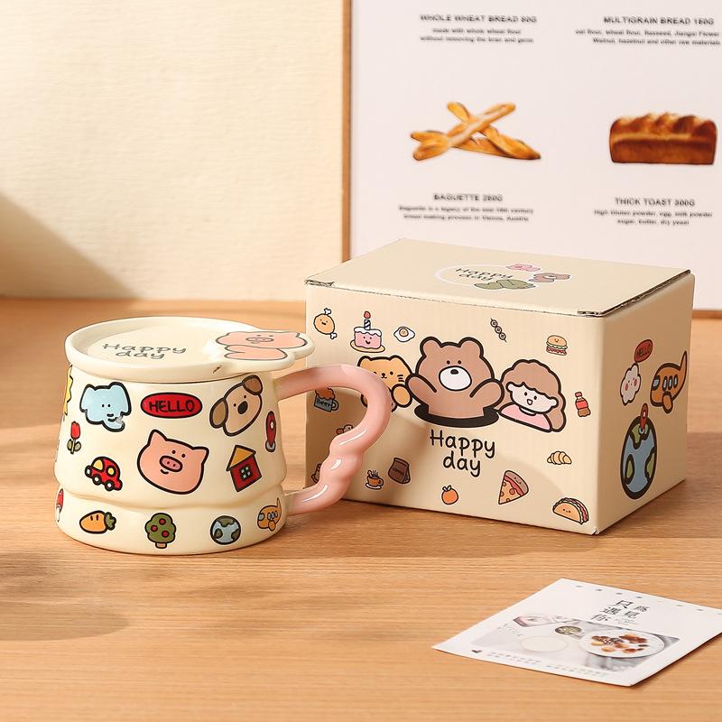 Children's fun, cute graffiti ceramic mug with lid, birthday gift, household drinking water, high-value water cup, souvenir gift girl