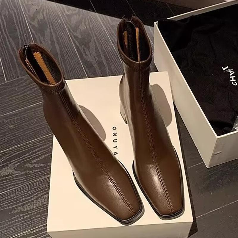 Botines Invierno Zapatos Mujer Cuero Puntera Cuadrada Tacones Altos Zapatos Sexy Tendencia 2025 Moda Zapatos Gruesos Góticos Chelea Botas Mujer