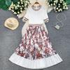 Women Fashion Knitting Sweater Patchwork Chiffon Dress Summer Short Sleeve Casual Floral Print Pleated Vacation Holiday Midi Sundress