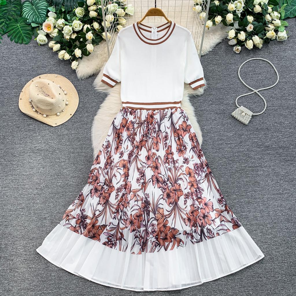 Women Fashion Knitting Sweater Patchwork Chiffon Dress Summer Short Sleeve Casual Floral Print Pleated Vacation Holiday Midi Sundress