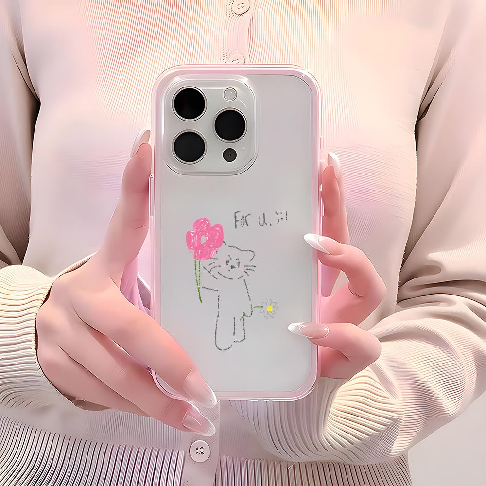 Cute Cat Flower Clear Phone Case For iPhone 11 12 13 14 15 16 17 Pro Max 17 Air Plus 2 In 1 Candy Color Silicone Soft Cover