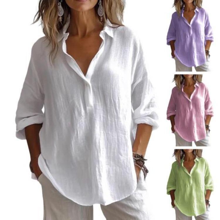 Lightweight Breathable Casual Blouse Loose Fit Women Shirt Lapel V Neck 3 4 Sleeve Pullover Tops Solid Color Daily Wear
