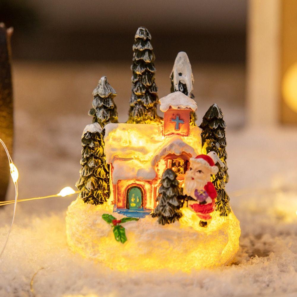 Resin House Statue Light Creative Santa Claus Snowman Lamp Miniature Figurine Sculptures  Festival