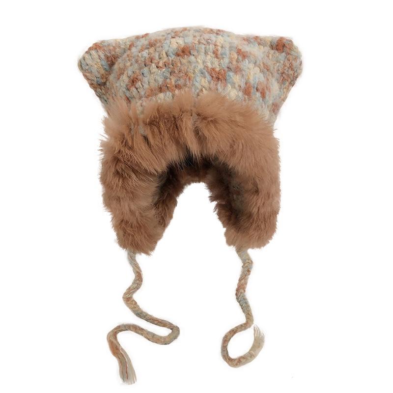 Cute Plush Hat Women's Autumn and Winter Colorful Fringed Braids Knitted Pullover Hat Ear Protector