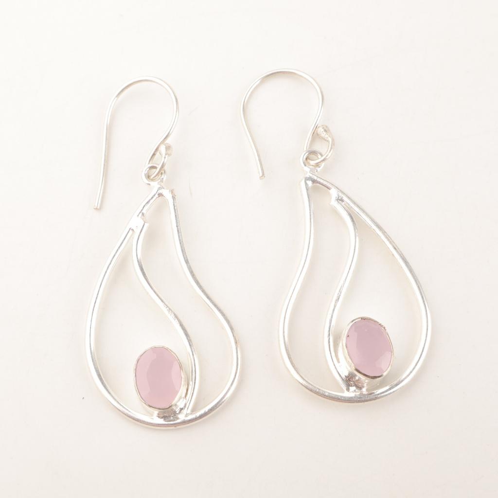 Oval Rose Chalcedony Gemstone Sterling Silver Artisan Birthday Dangling Earrings EE-139-15