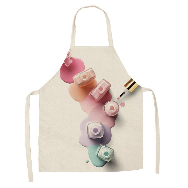 New Linen Colorful Nail Polish Cosmetics Theme Print Kitchen Aprons Unisex Dinner Party Cooking Bib Funny Cleaning Apron Barber