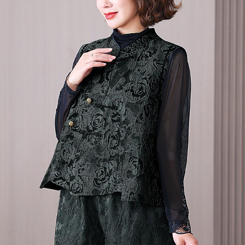 Dame Høst/Vinter Forbedret Tangdrakt Vattert Vest med Ståkrage - Kinesisk Nasjonalstil Jacquard Yttertøy.