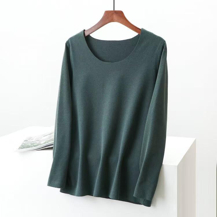Women's Double-Sided German Velvet Crew Neck Long Sleeve Thermal Top, 2025 Autumn/Winter, Slim Fit, Solid Color