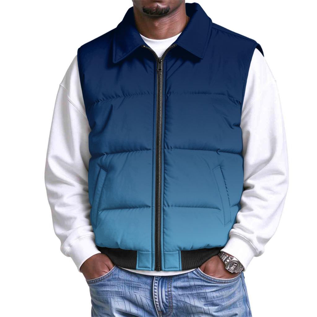 Men's Casual Loose Fit Padded Vest Zip Front Lapel Collar with Pockets Gradient Print Sleeveless Jacket